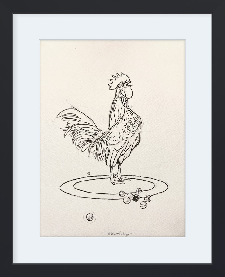 Framed Pencil, Brush & India Ink Drawing : Rooster & Marbles
