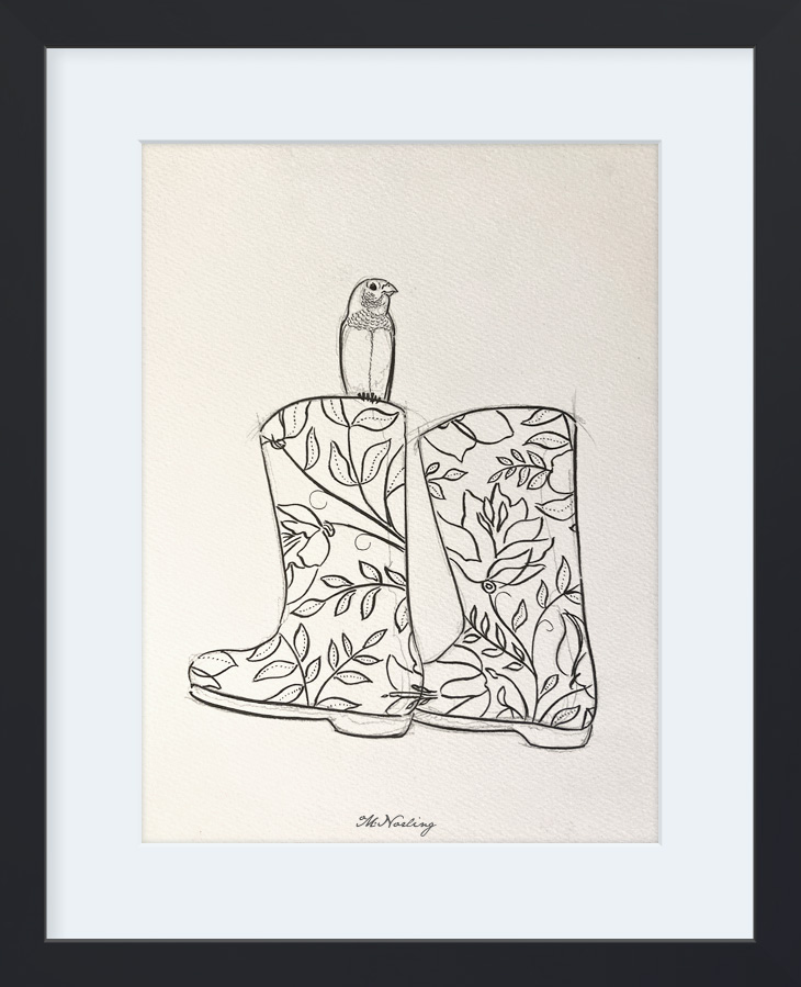 Framed Pencil, Brush & India Ink Drawing : Star Finch & Rain Boots