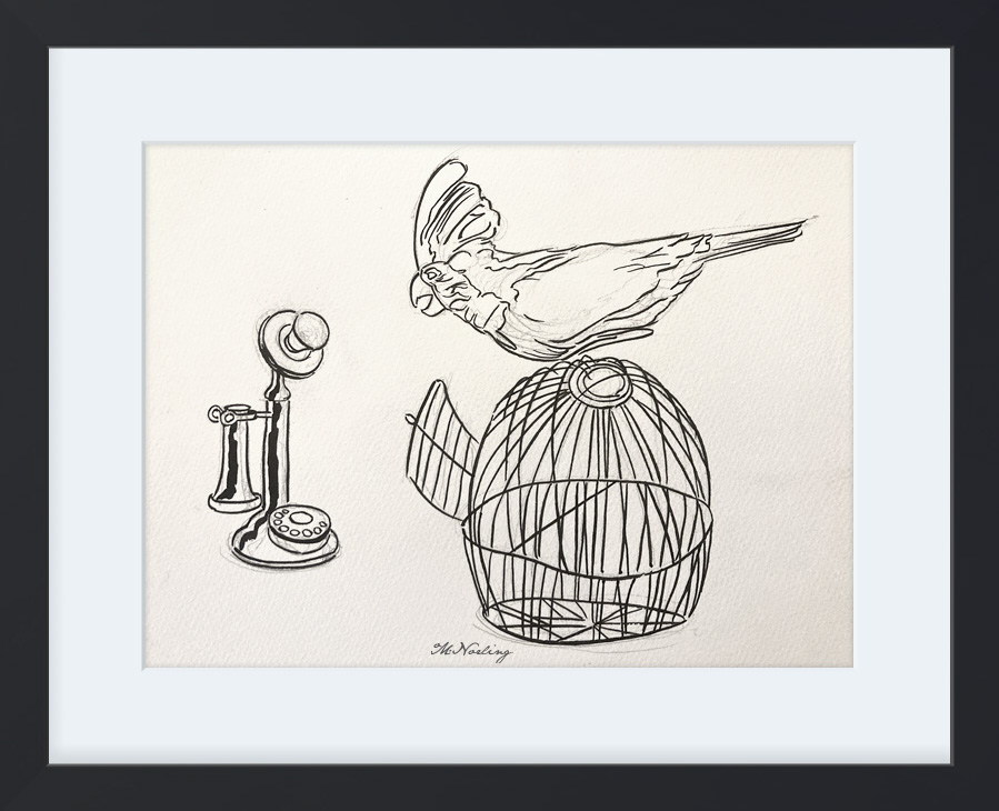 Framed Pencil, Brush & India Ink Drawing : Parrot & Telephone